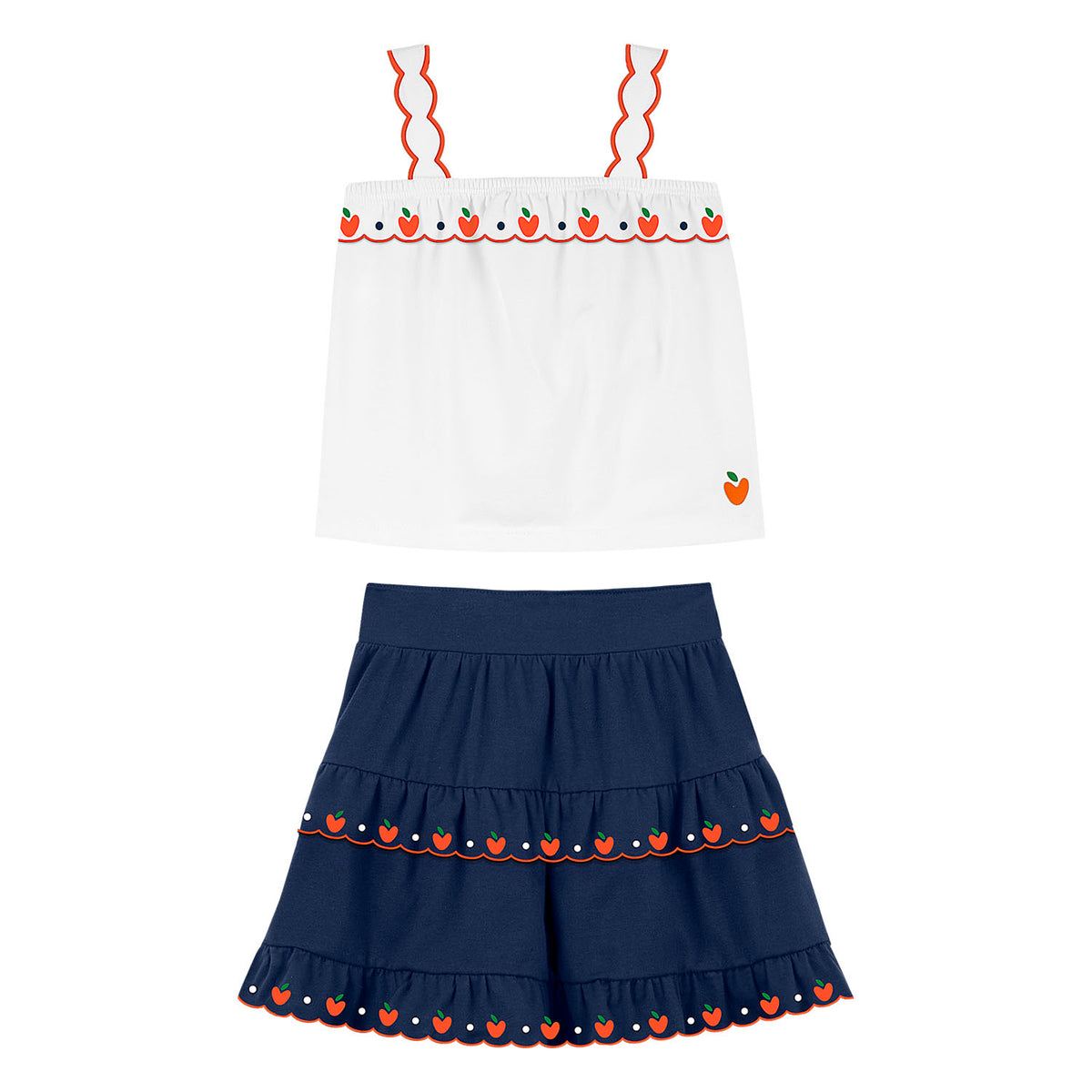 Conjunto polito blanco naranjitas y falda azul - Igorperu