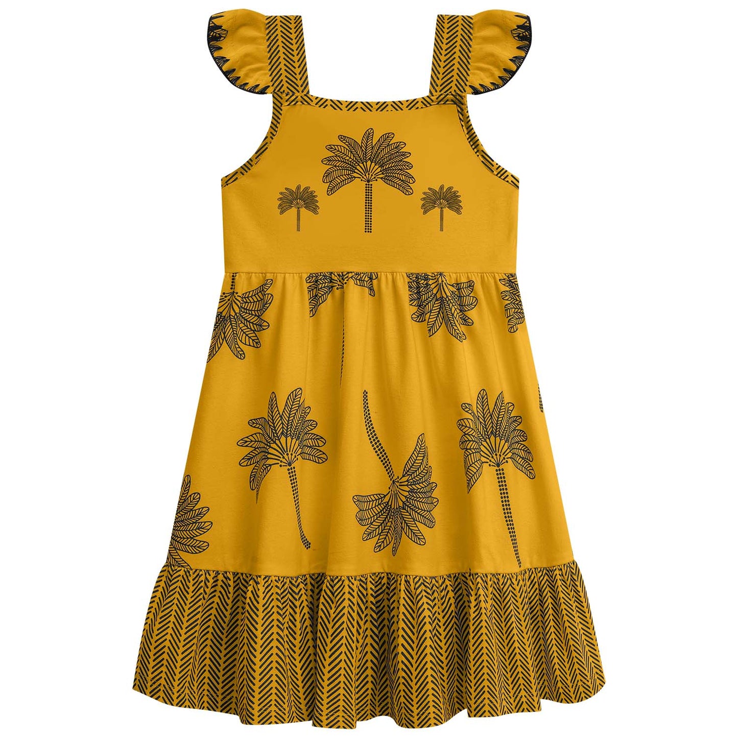 Vestido algodon mostaza y azul palmas - Igorperu