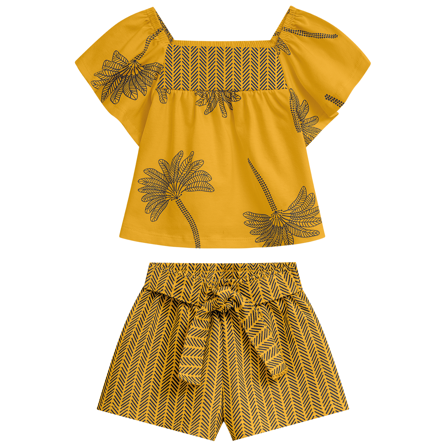 Conjunto polo mostaza crop con flores con short - Igorperu