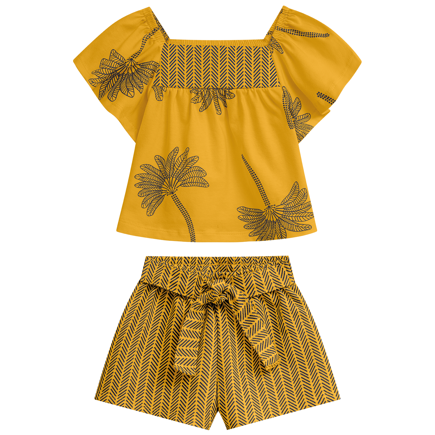 Conjunto polo mostaza crop con flores con short - Igorperu