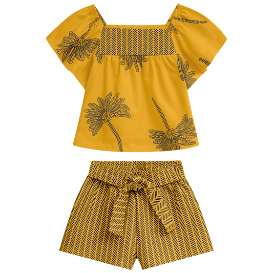 Conjunto polo mostaza crop con flores con short - Igorperu