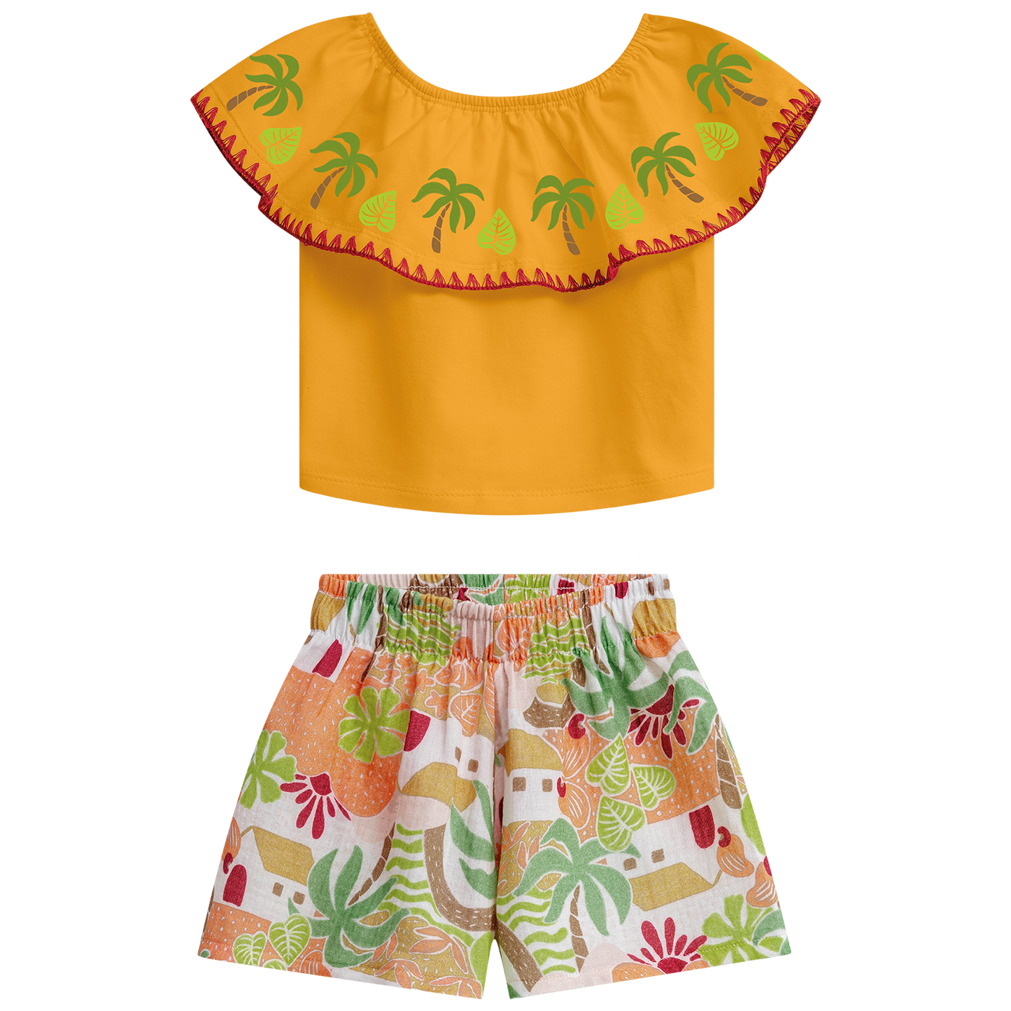 Conjunto polo mostaza con volado en cuello palmeras y short - Igorperu