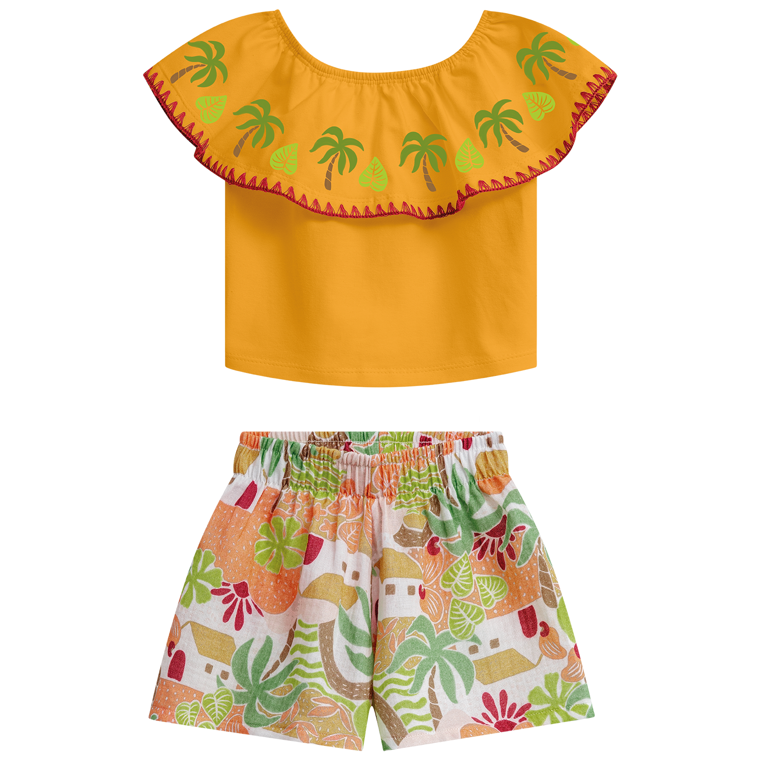Conjunto polo mostaza con volado en cuello palmeras y short - Igorperu