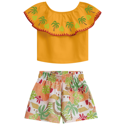 Conjunto polo mostaza con volado en cuello palmeras y short - Igorperu