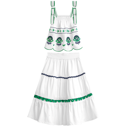 Conjunto falda blanca larga hindi  y blusa doble tira - Igorperu
