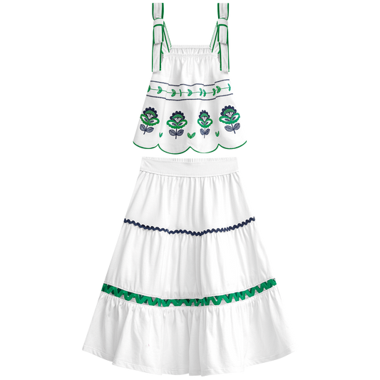 Conjunto falda blanca larga hindi  y blusa doble tira - Igorperu