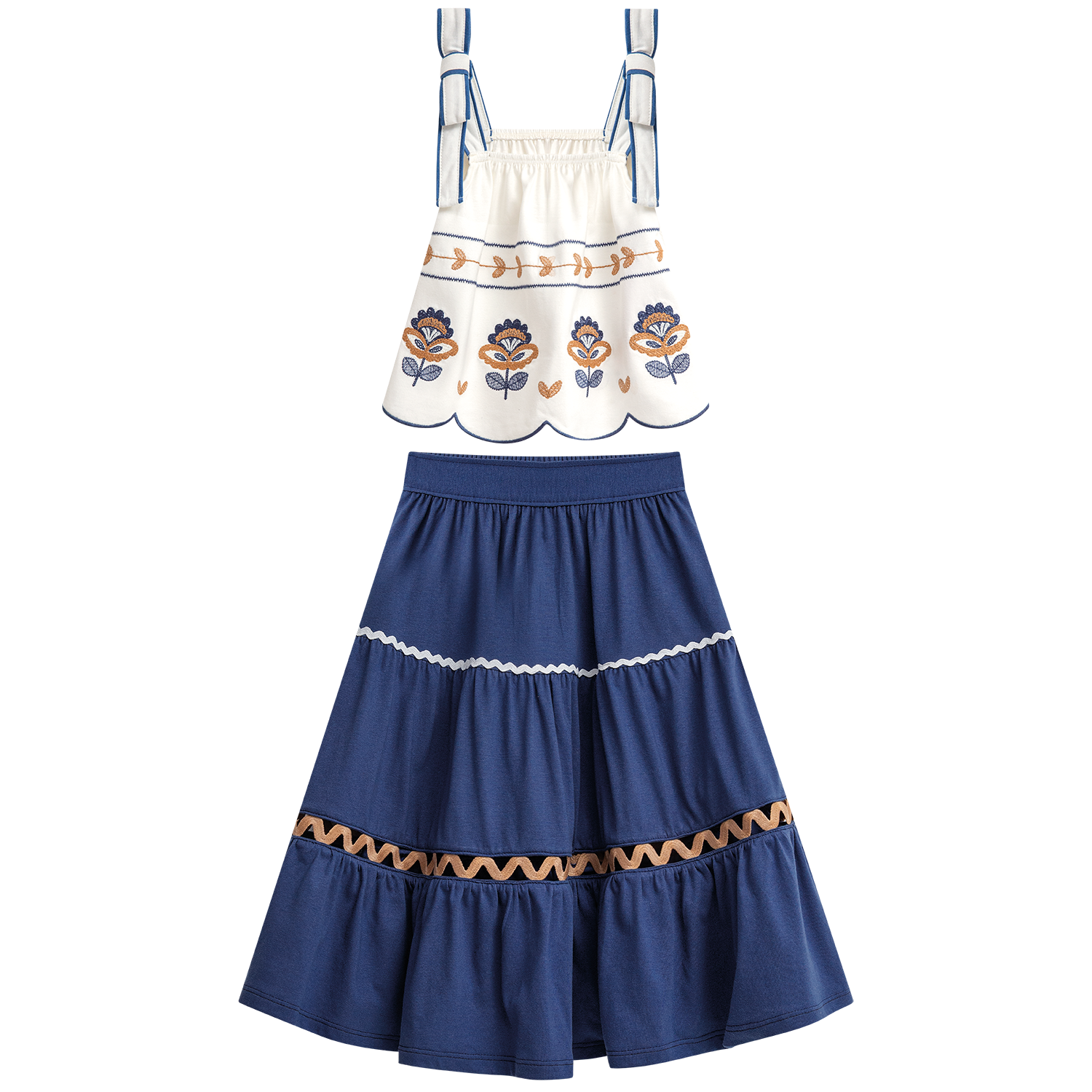 Conjunto falda azúl  larga hindi  y blusa doble tira - Igorperu