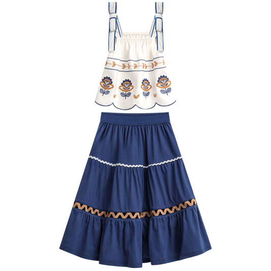 Conjunto falda azúl  larga hindi  y blusa doble tira - Igorperu