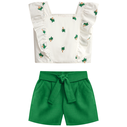Conjunto blusa elegante palmas con short verde - Igorperu