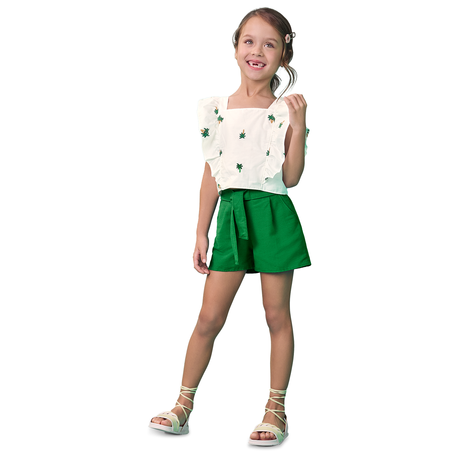 Conjunto blusa elegante palmas con short verde - Igorperu