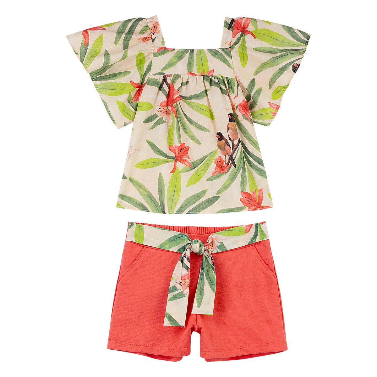 Conjunto polo hojas y pajaritos con short naranja - Igorperu