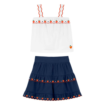 Conjunto polito blanco naranjitas y falda azul - Igorperu