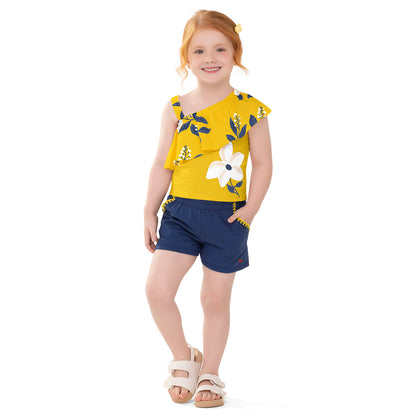 Conjunto polito amarillo  flor  con short azul - Igorperu