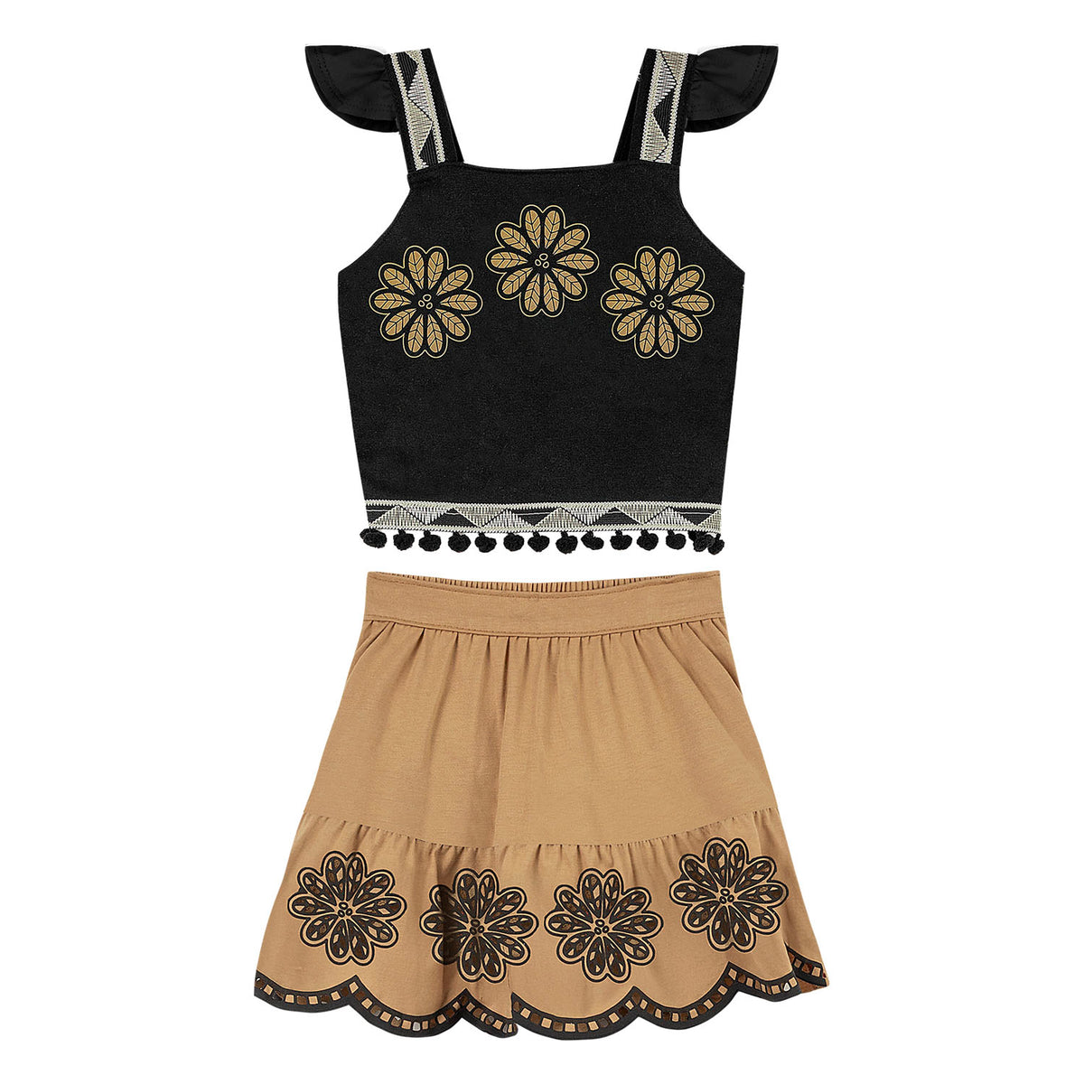 Conjunto Polito negro con flores beige y falda - Igorperu