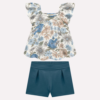 Conjunto blusa flores con short azul  20001735